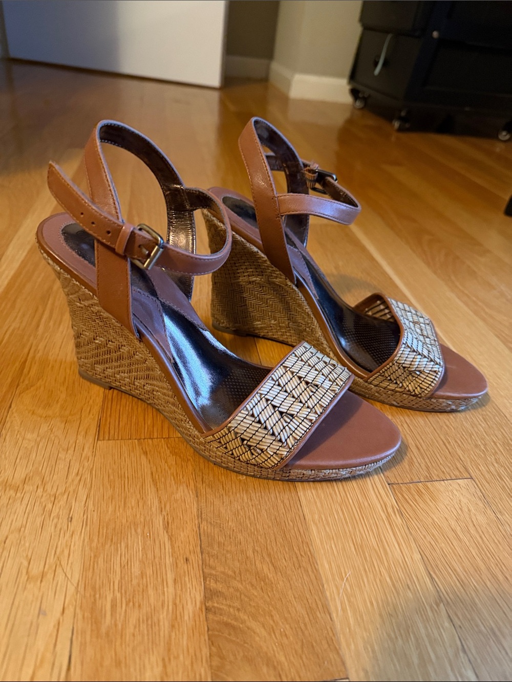 Tan Wedge Sandals with Braided Detail